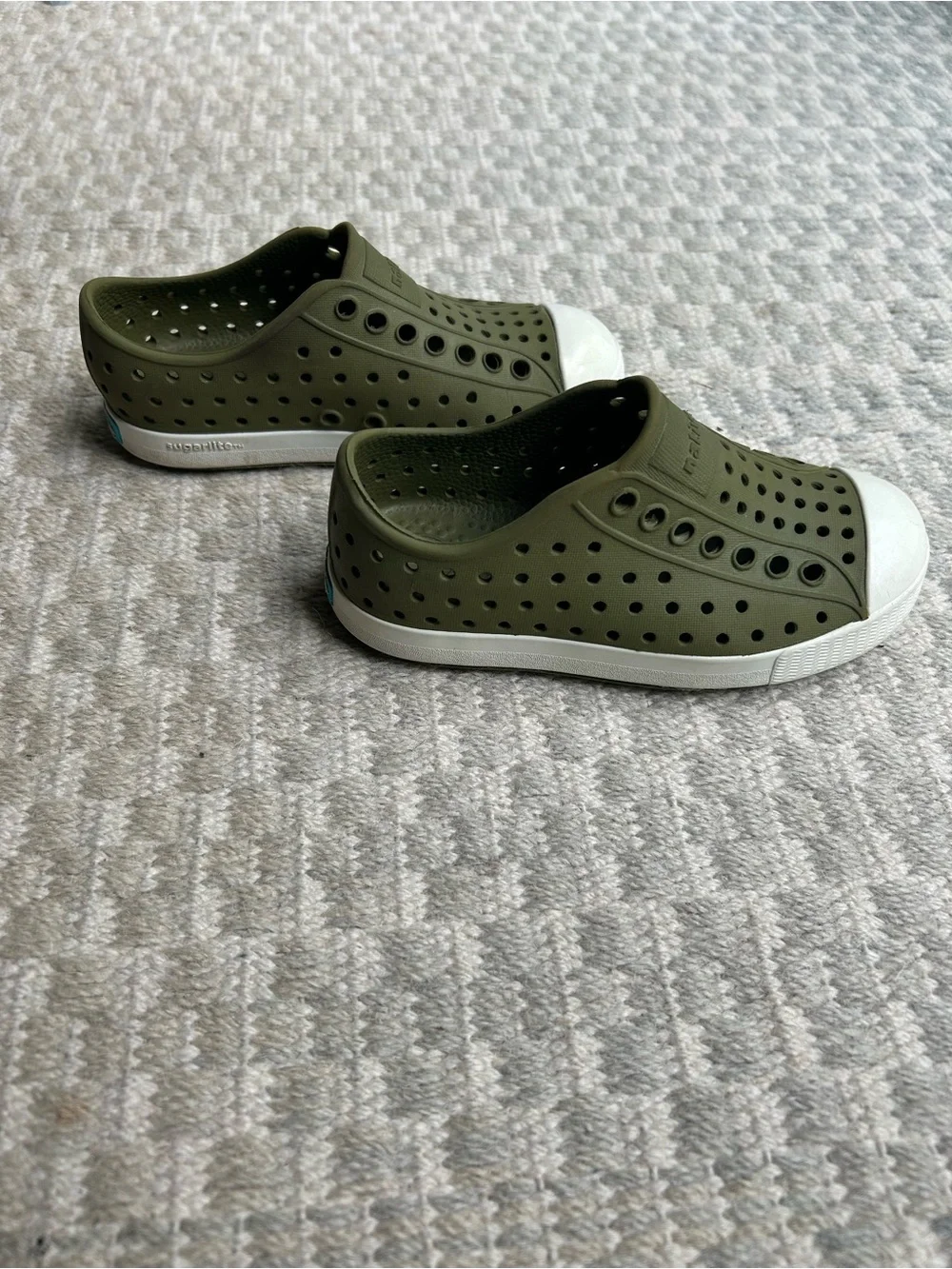 Native Kids Slip-On Water Shoes in Olive Green with White Toe Caps